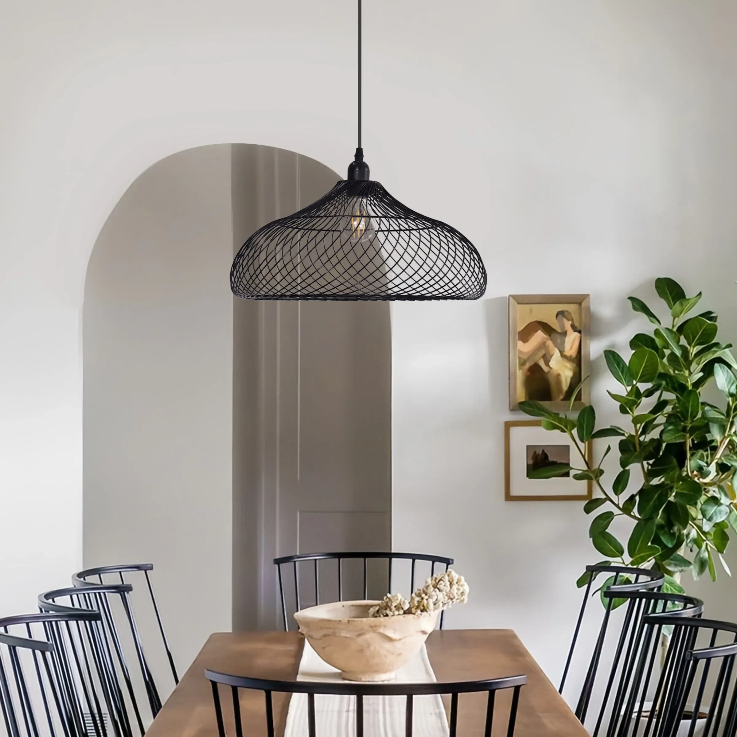 Round Pendant Light with Spiral Design - Black, Iron