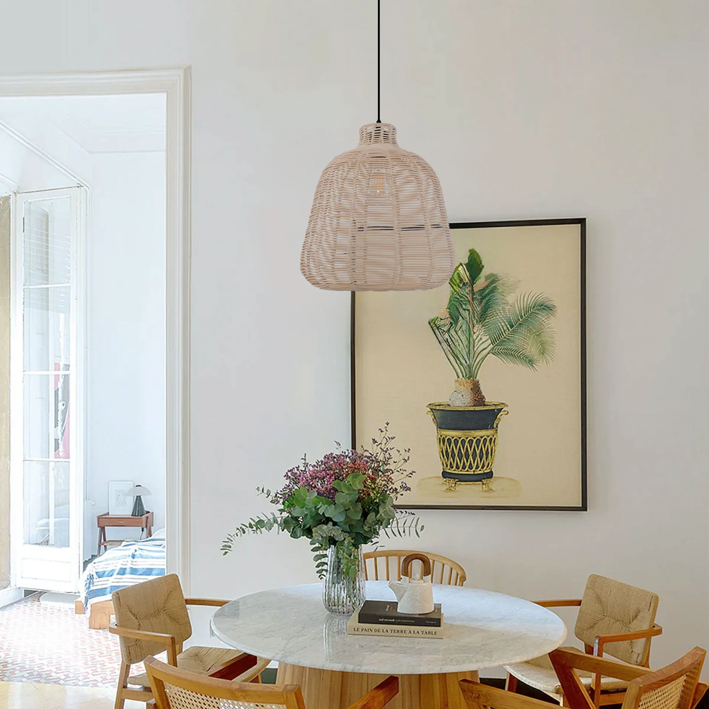 Round Pendant Light with Woven Design - Brown, Rattan image