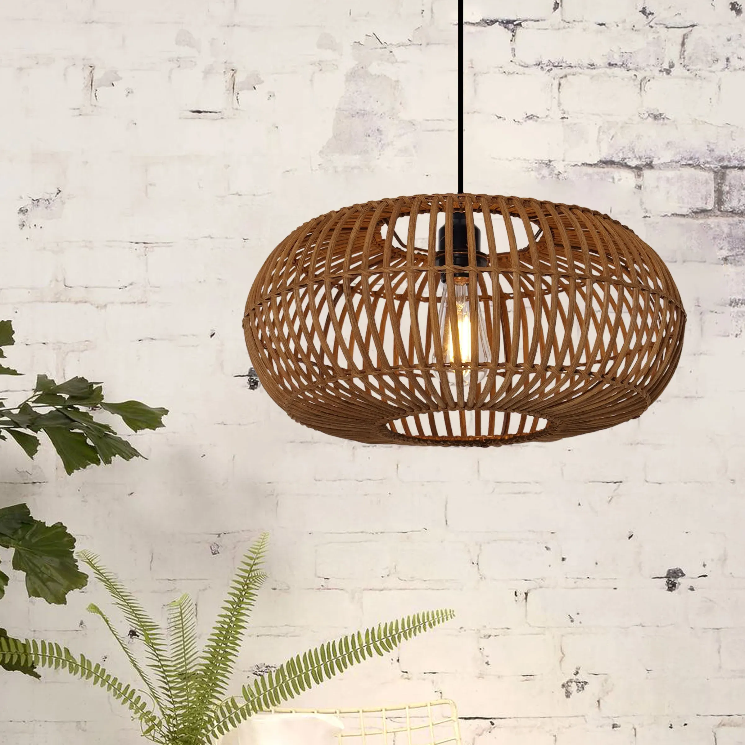 Round Pendant Light Woven - Brown, Bamboo