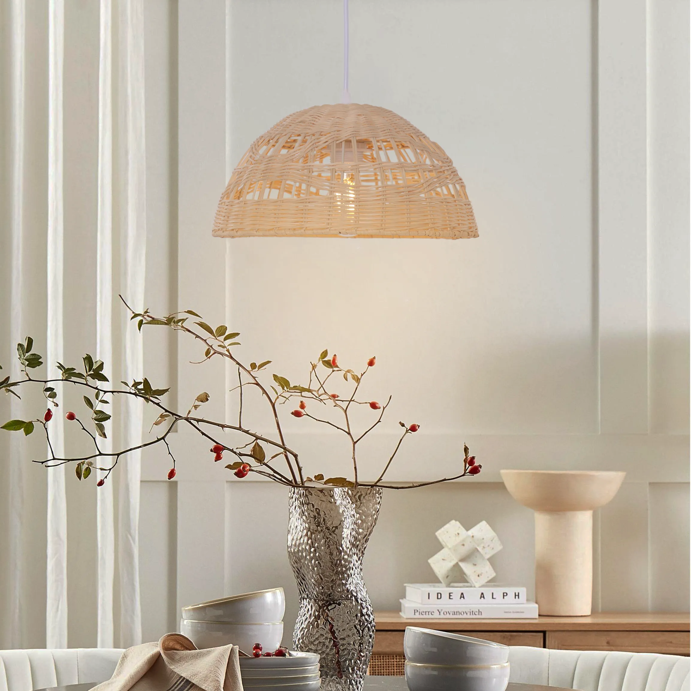 Semi-Circular Pendant Light Wave Weave - Natural, Rattan image