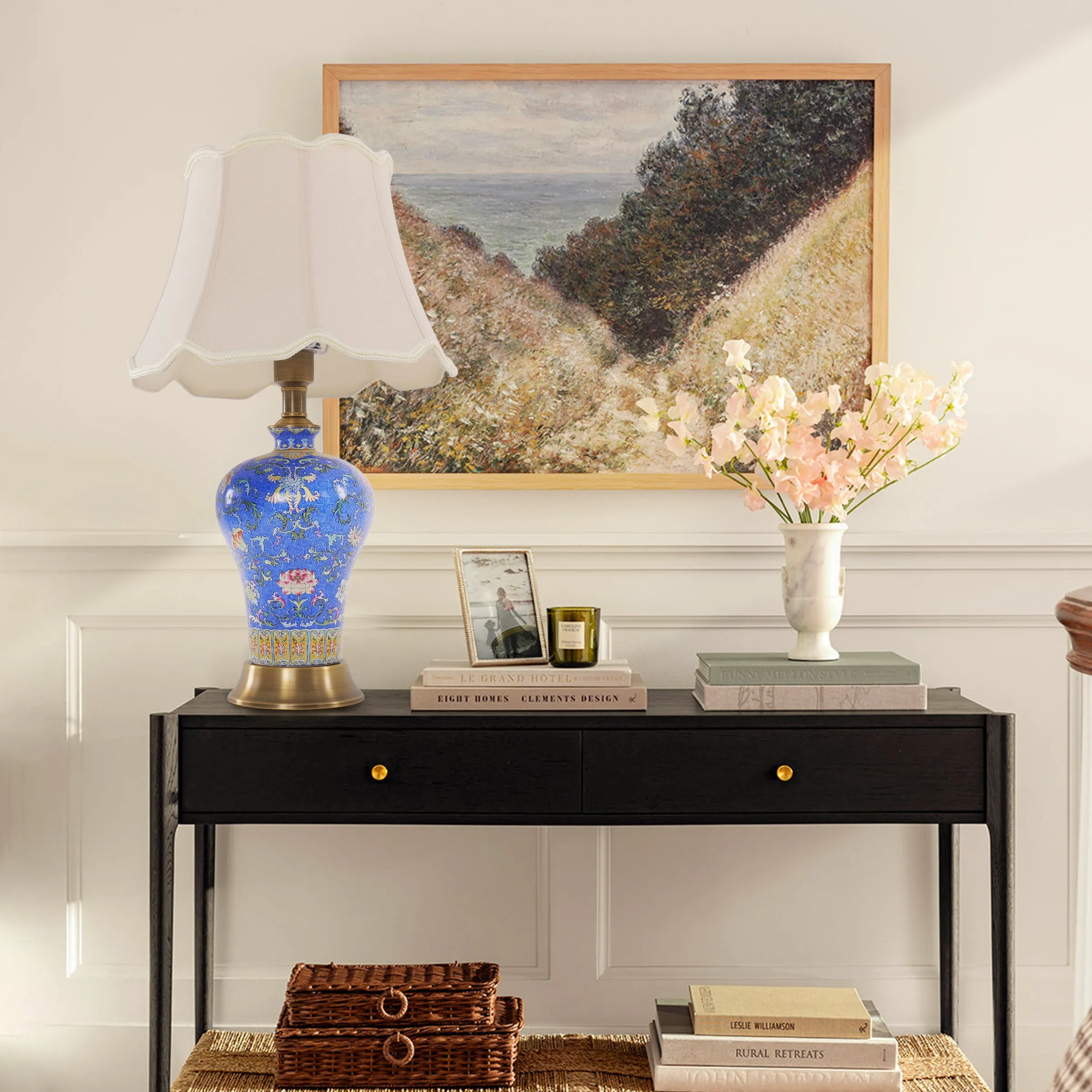 Small Ceramic Table Lamp with Floral Base - Blue image