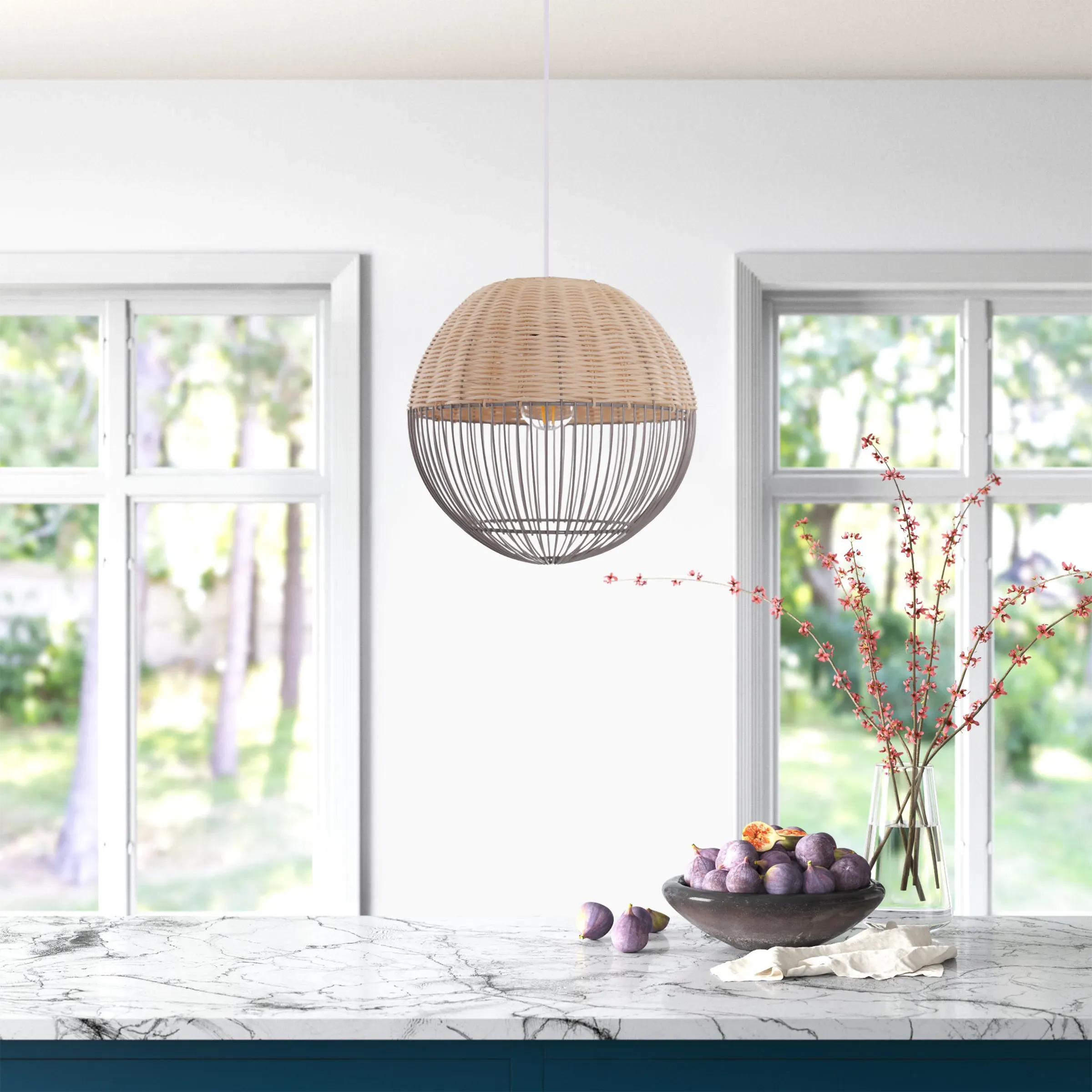 Spherical Pendant Light with E27 Socket - Natural, Rattan