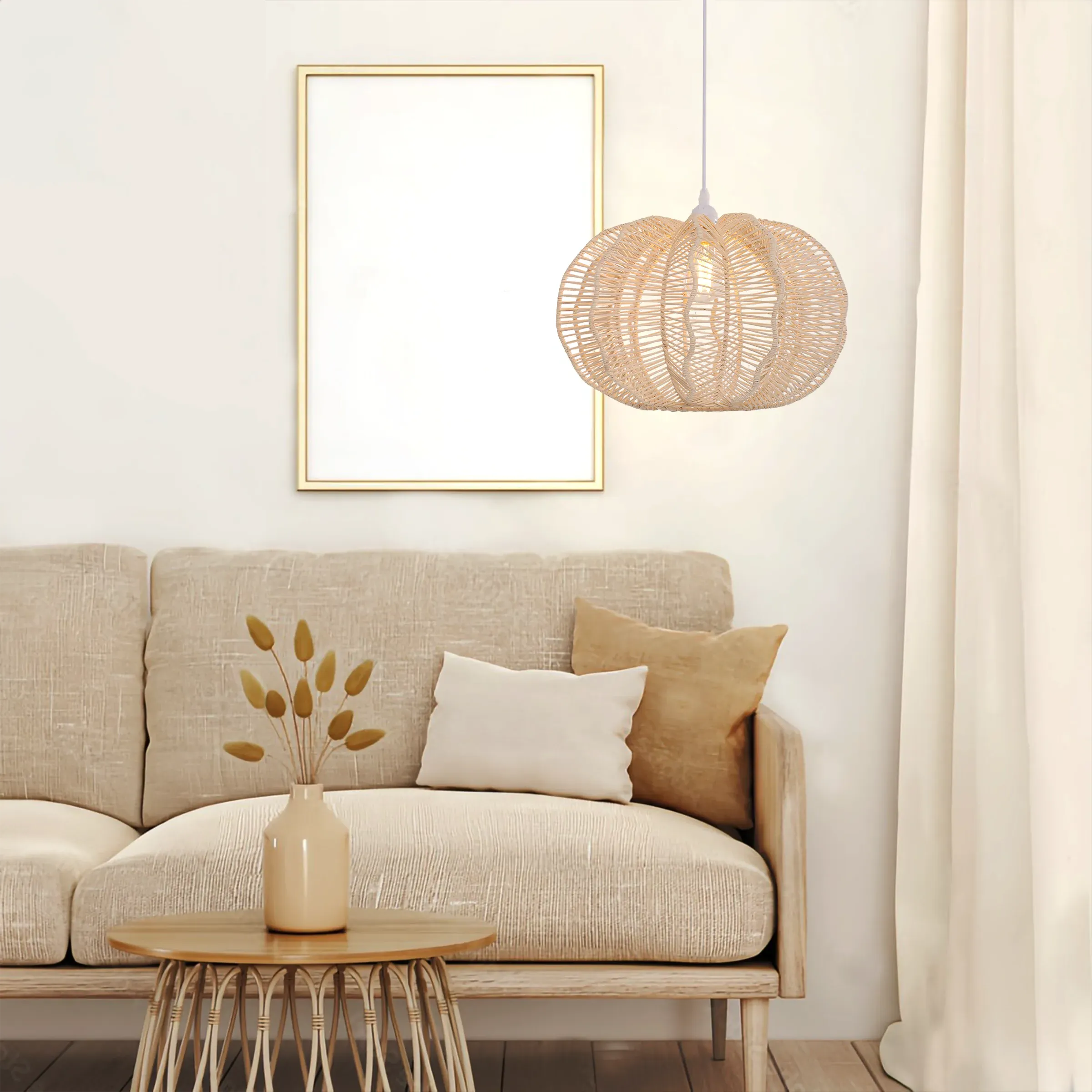 Spherical Pendant Light with Woven Shade - Brown, Rattan image