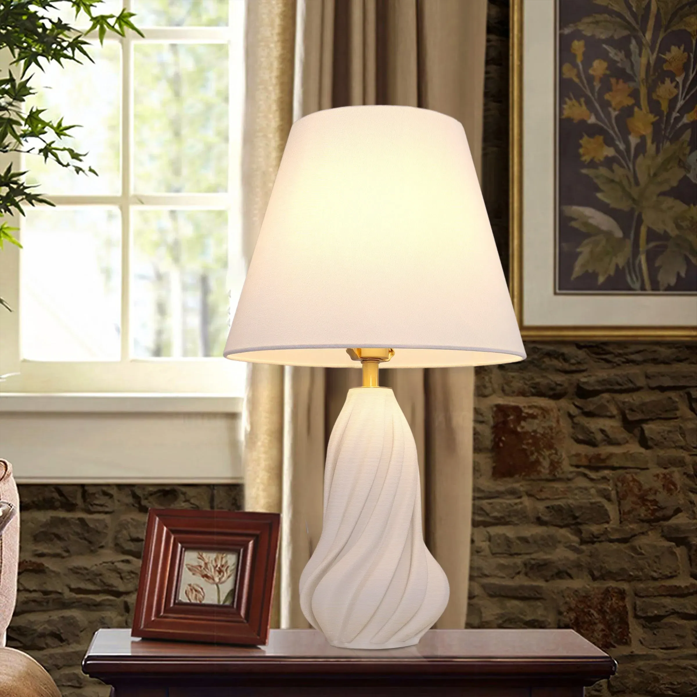 Spiral Table Lamp with Fabric Shade - White, Ceramic image