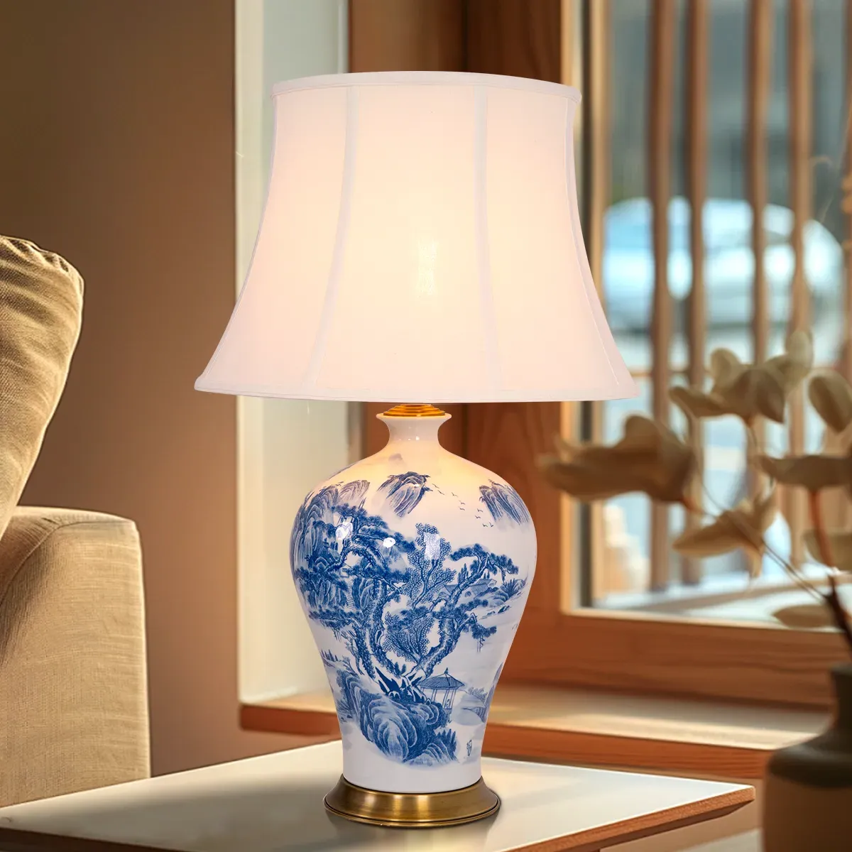 Table Lamp with Fabric Shade - Blue, Ceramic image