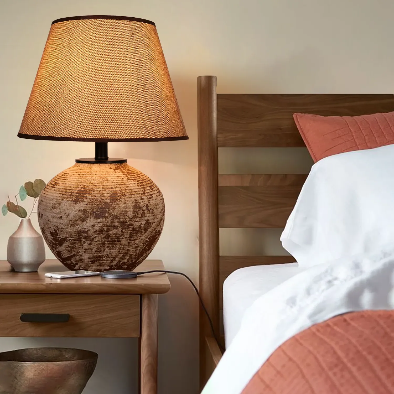 Textured Table Lamp with Linen Shade - Brown, Ceramic
