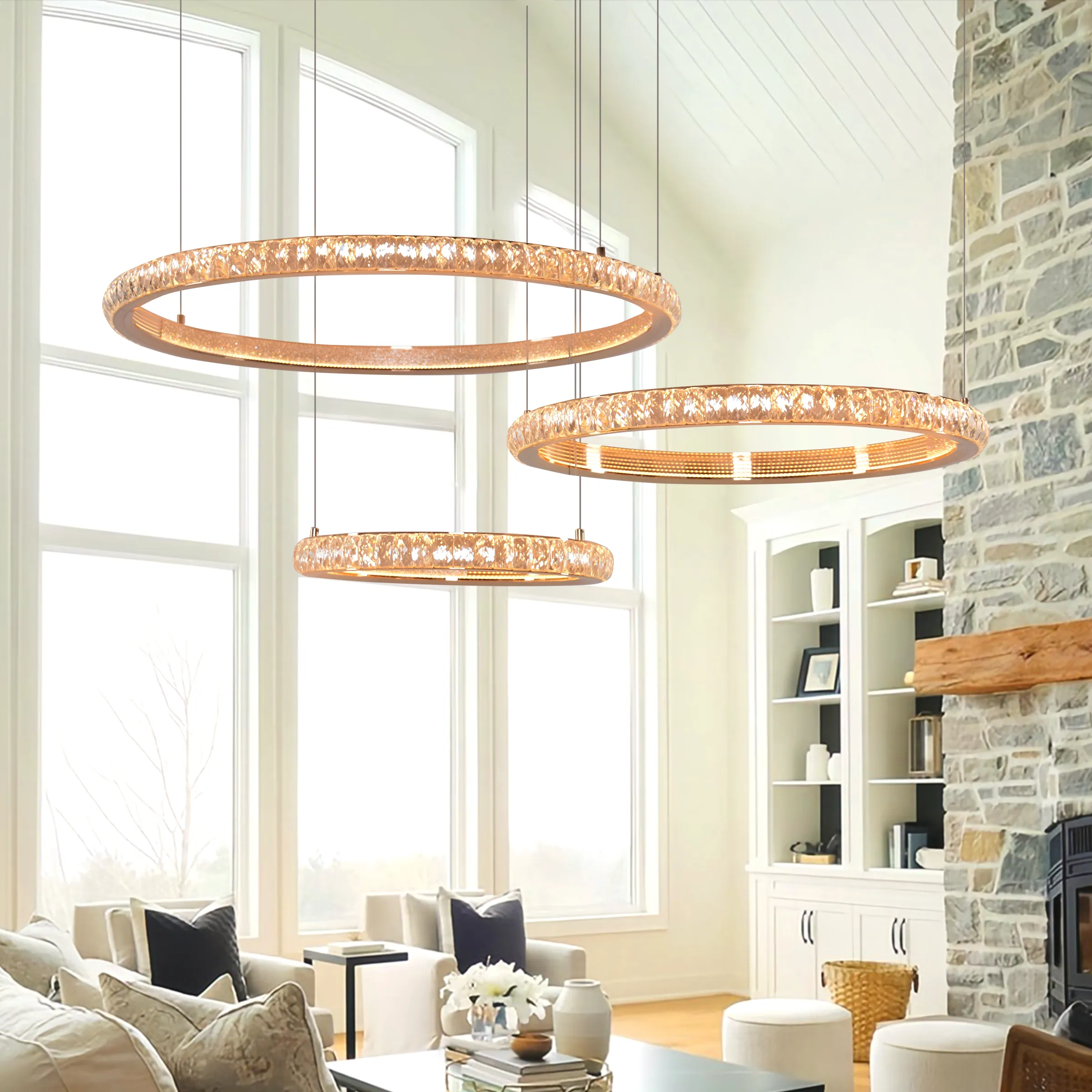Triple-Ring Pendant Light with LED - Gold, Crystal image