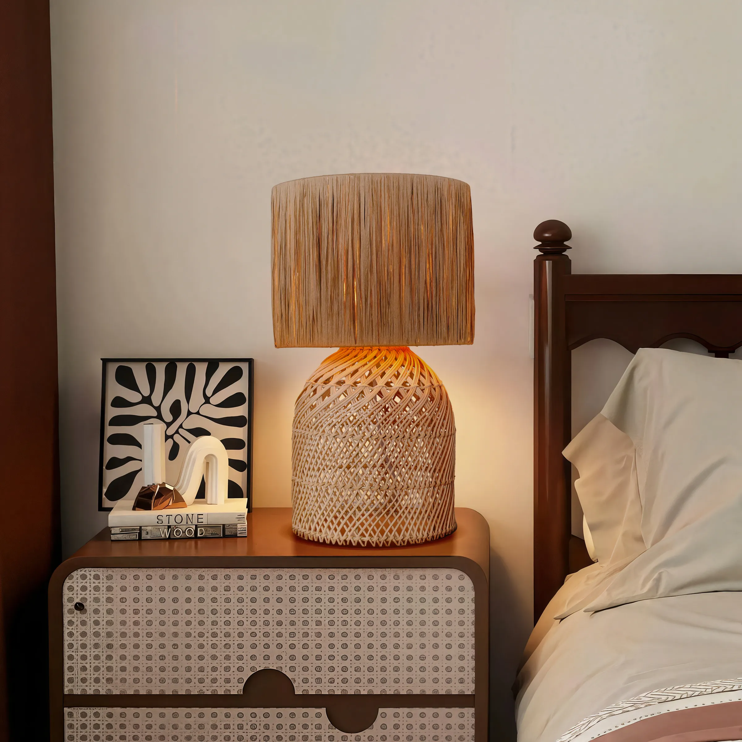 Twin Drum Table Lamp with LED Bulb - Natural, Rattan image