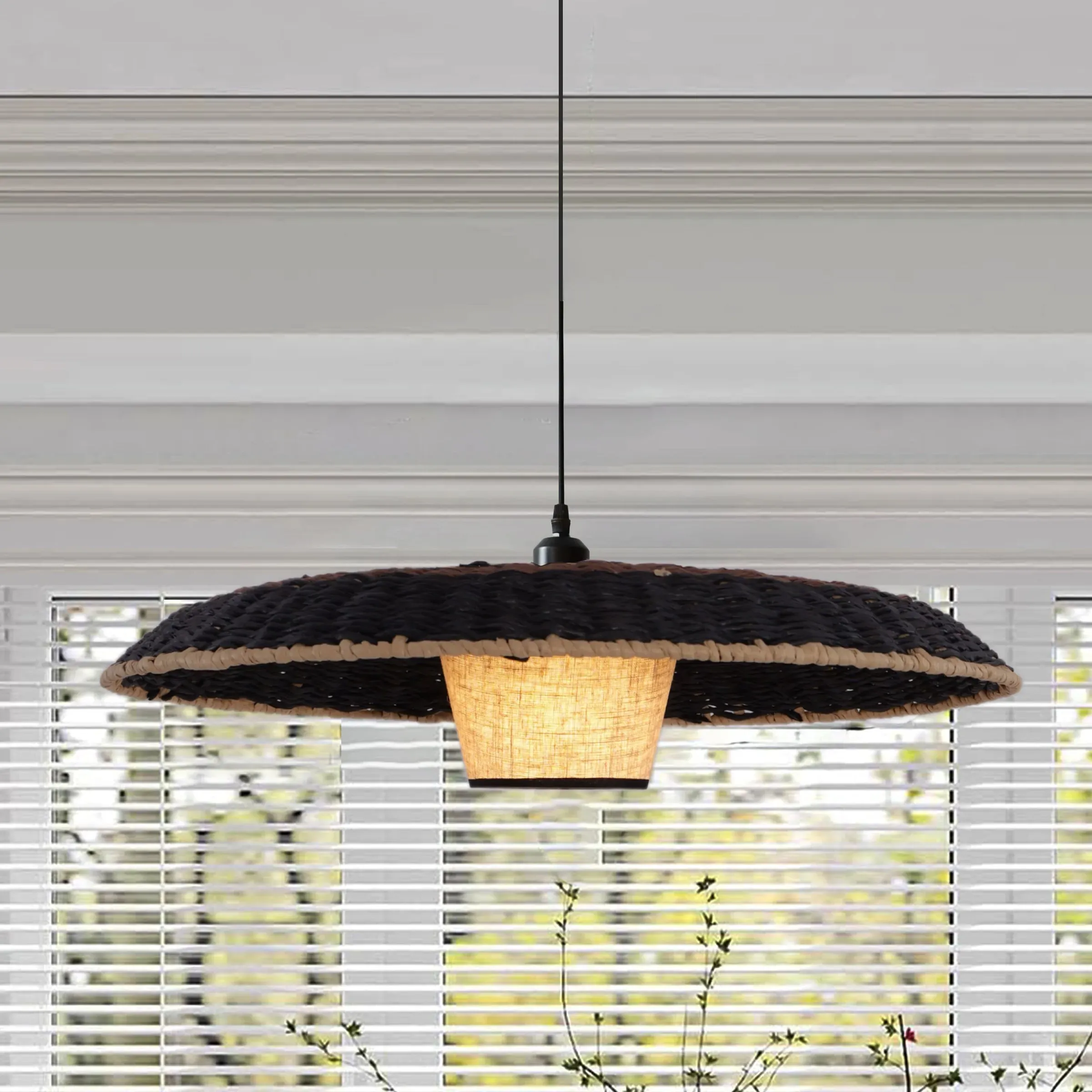 Two-Tone Handwoven Pendant Light - Black, Paper Rope & Fabric product