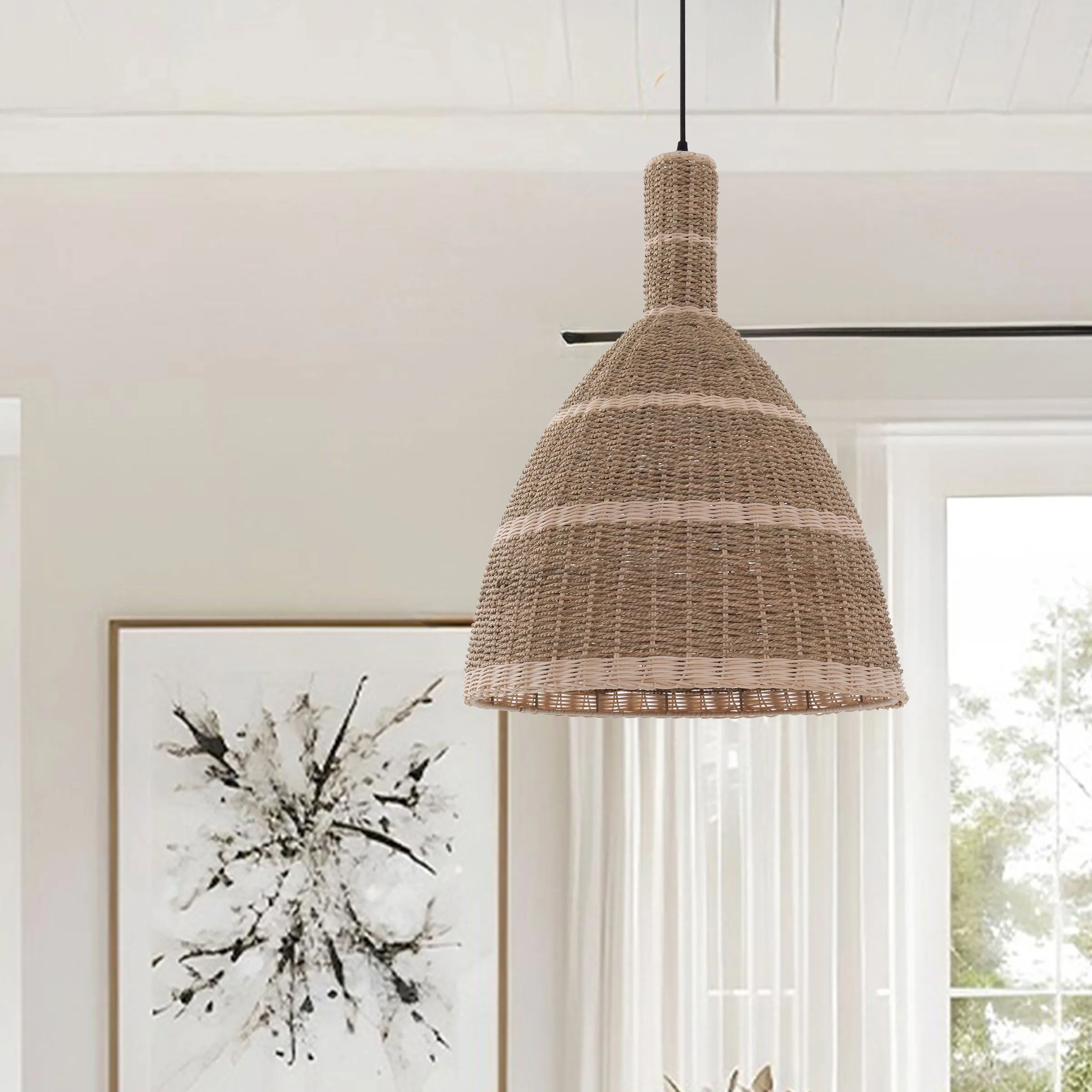Woven Grass Dome Pendant Light - Brown, Straw product