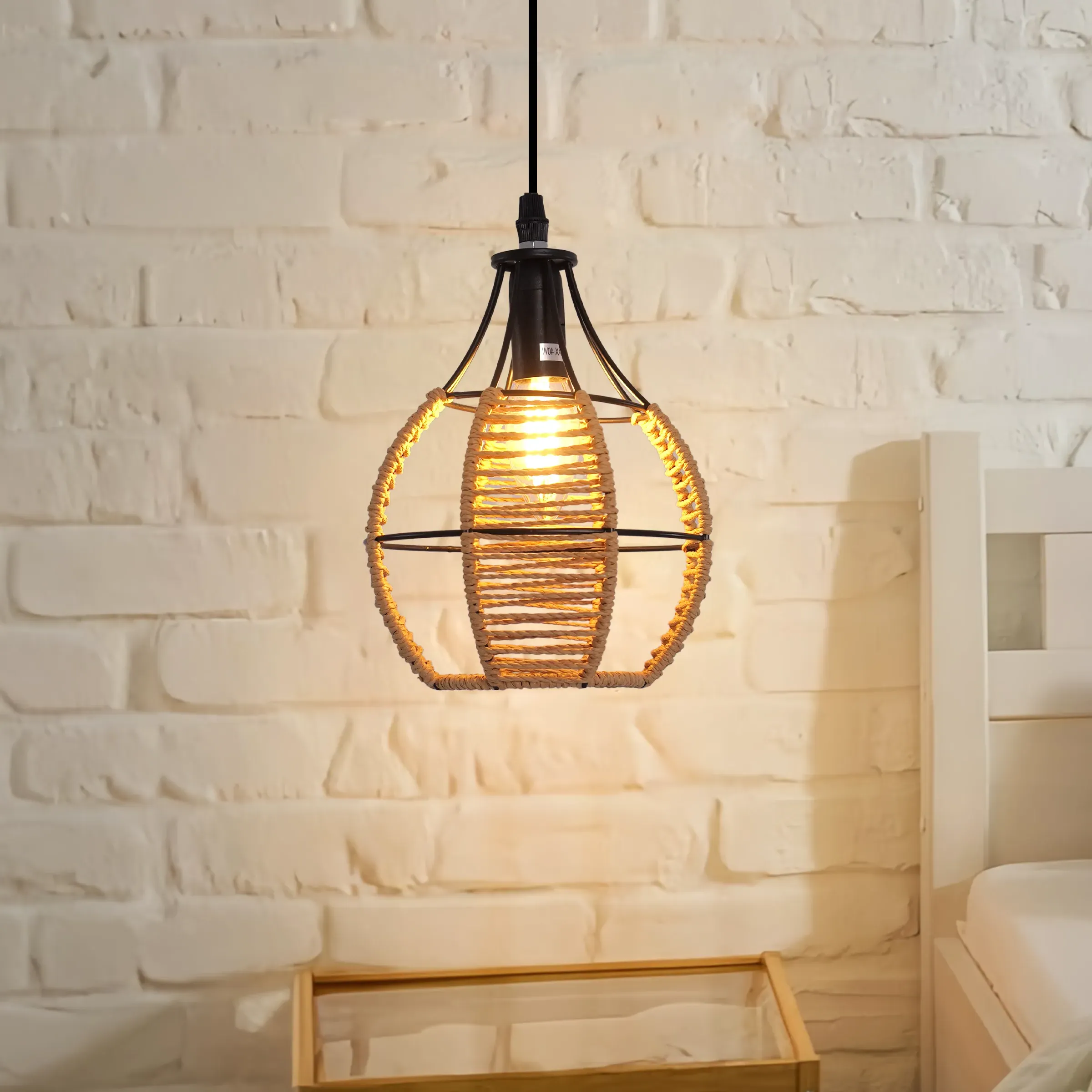 Woven Pendant Light with Adjustable Cord - Brown image