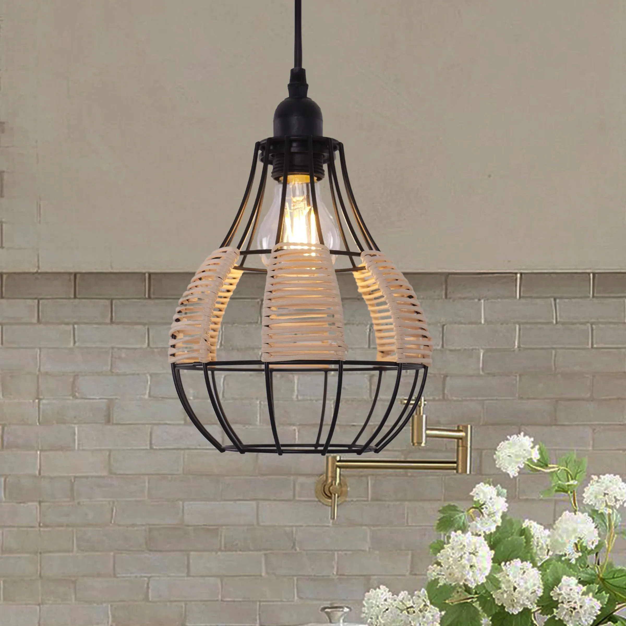 Woven Pendant Light with Adjustable Cord - Rattan