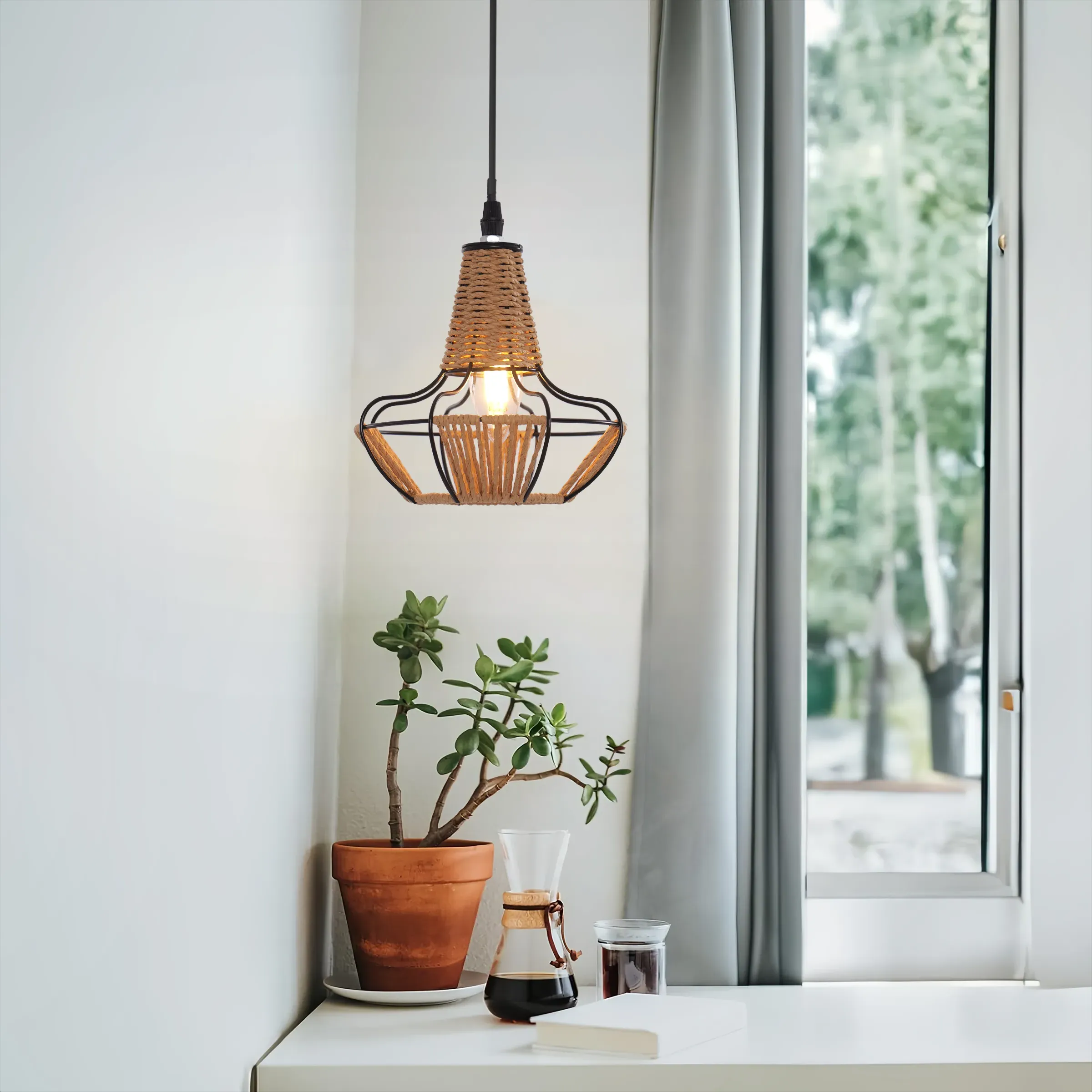 Woven Pendant Light with Adjustable Cord - Rattan image
