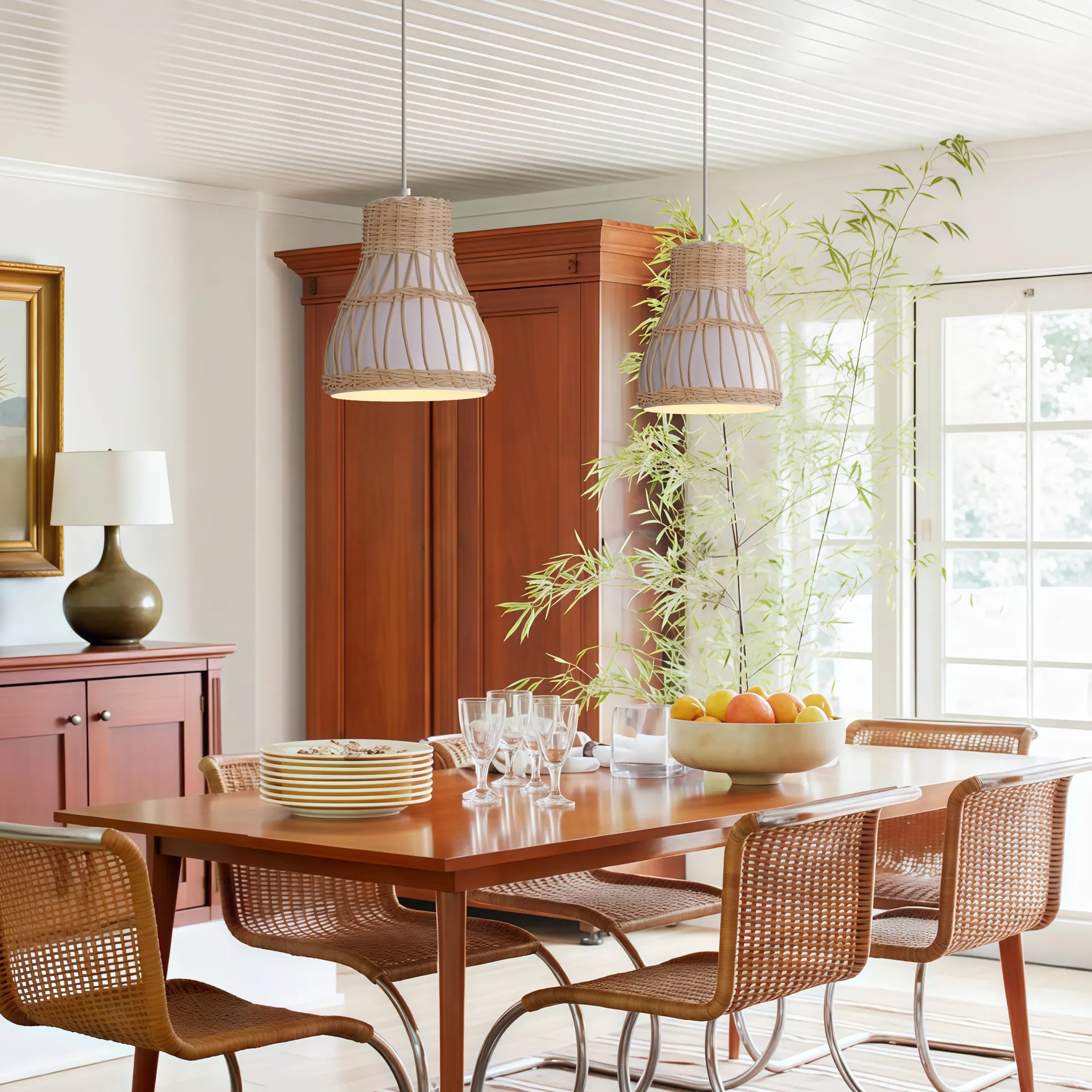 Woven Pendant Light with Adjustable Cord - Rattan