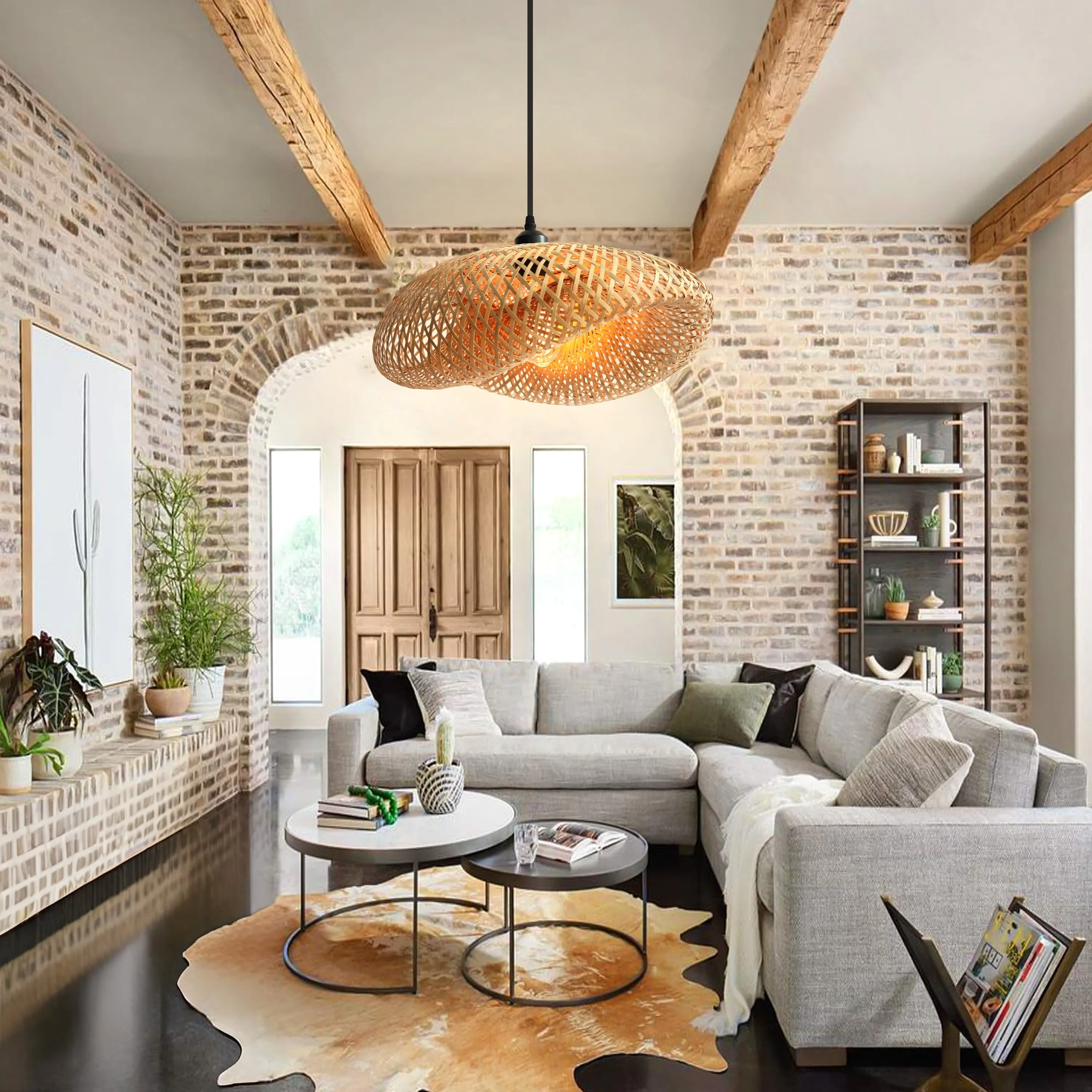 Woven Pendant Light with Cord - Brown, Bamboo image