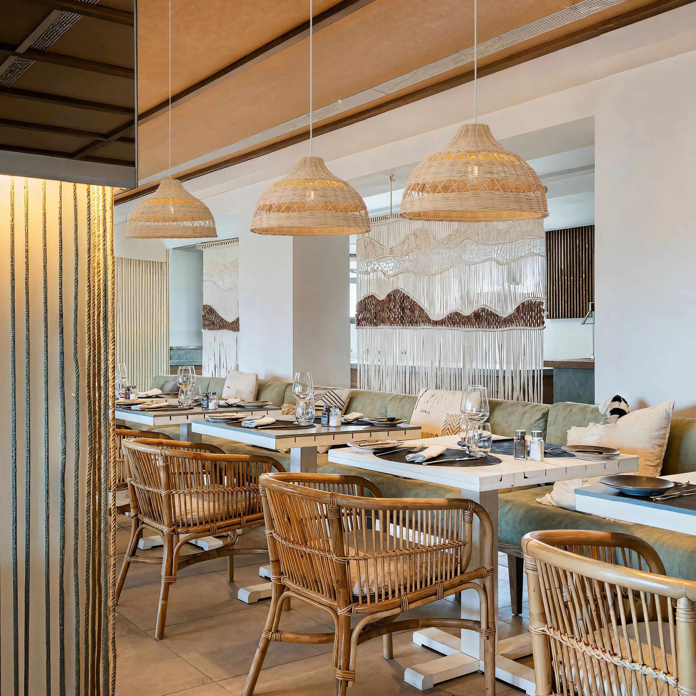 Woven Pendant Light with Double Layer - Natural Rattan