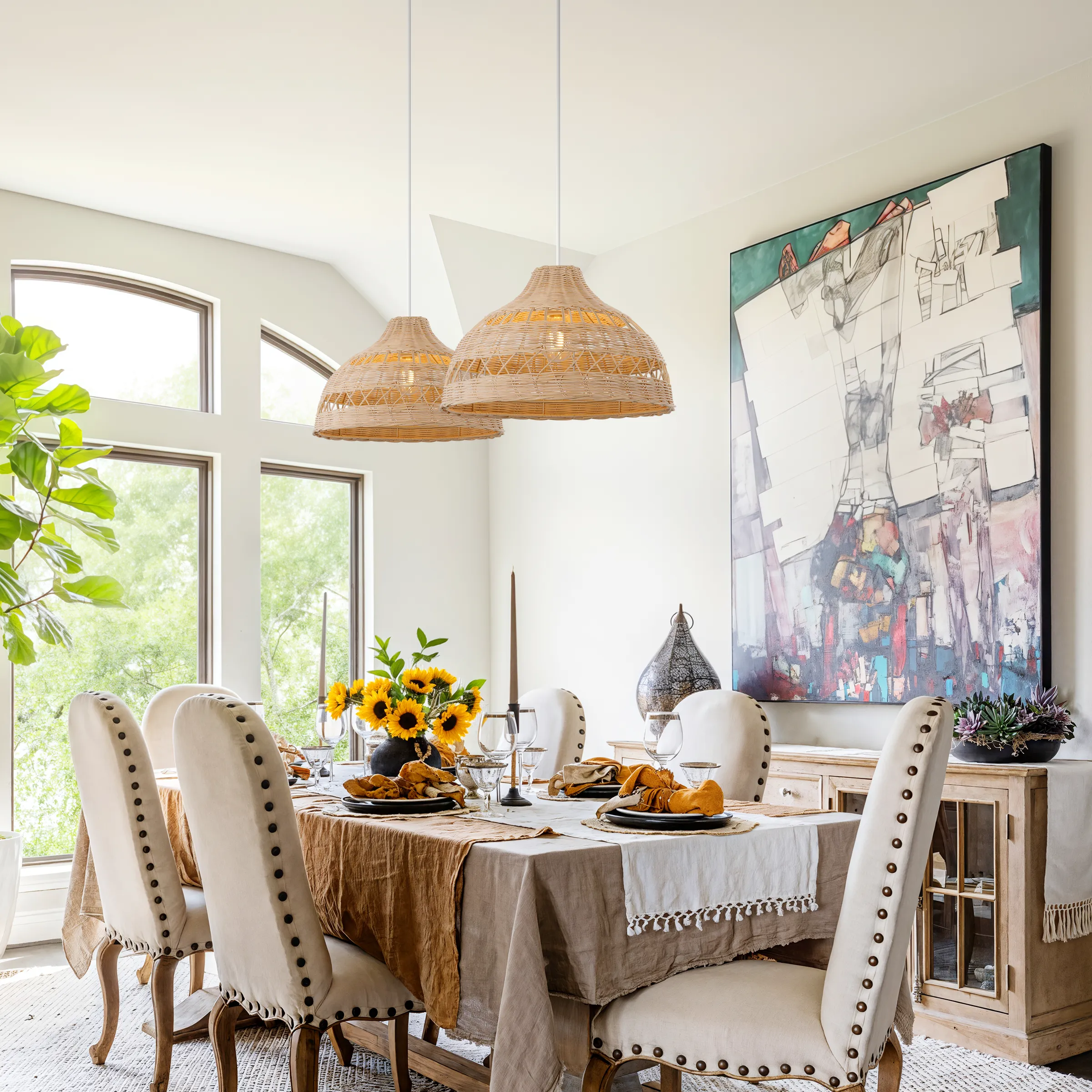 Woven Pendant Light with Double Layer - Natural Rattan