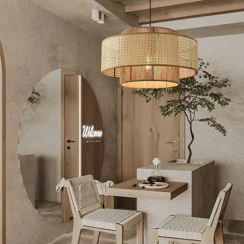 Woven Pendant Light with Dual Layer - Natural, Rattan