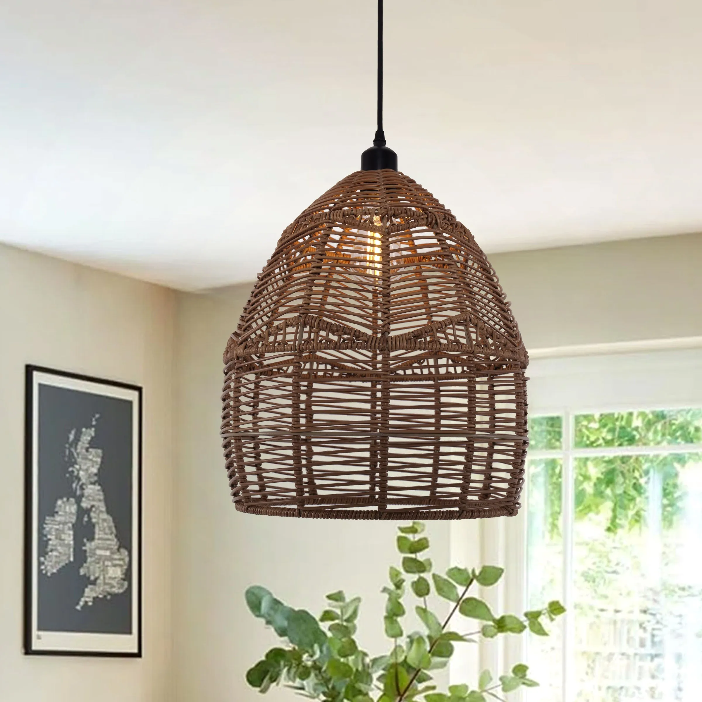 Woven Pendant Light with E27 Bulb - Brown, Rattan image