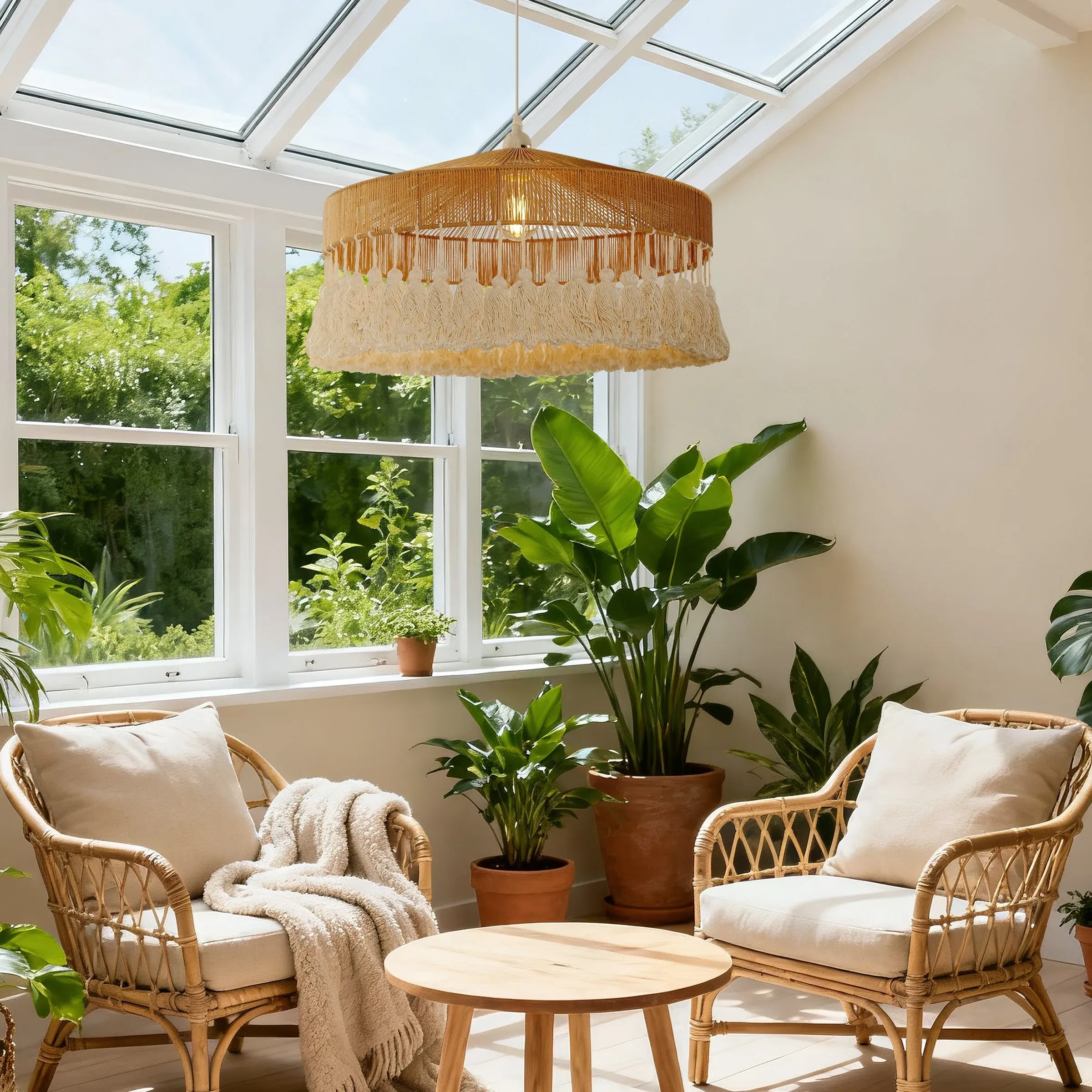 Woven Pendant Light with Tassels - Brown, Paper Rope image