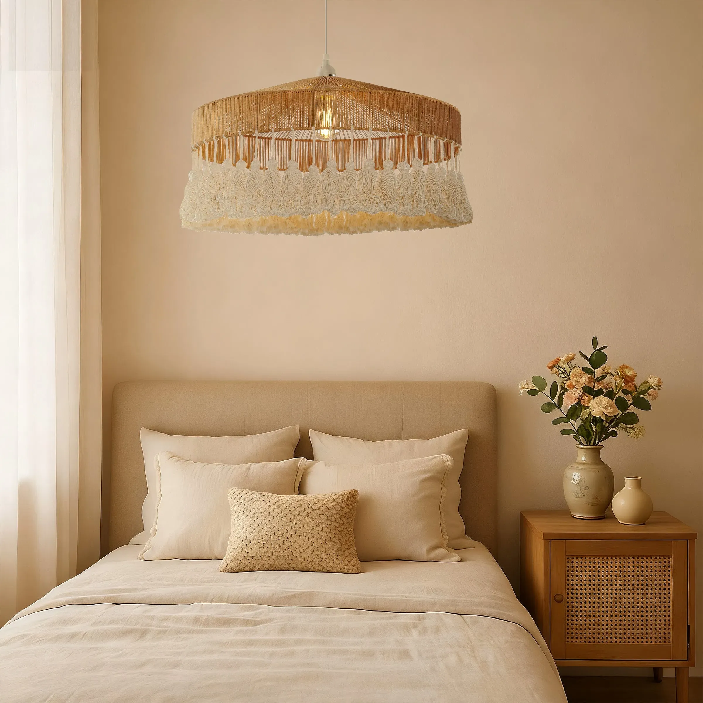 Woven Pendant Light with Tassels - Brown, Paper Rope