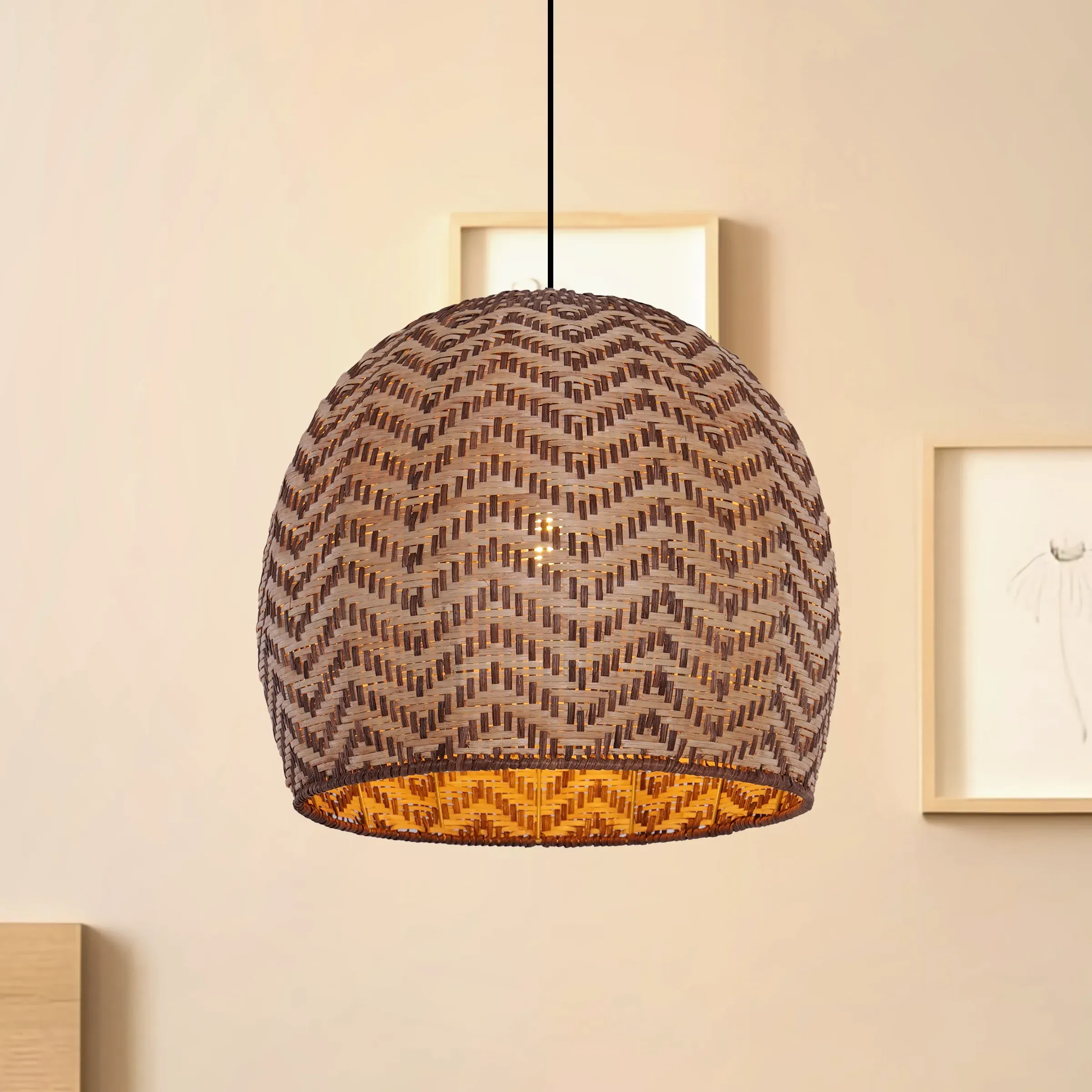 Woven Pendant Light with Wave Details - Natural, Rattan image