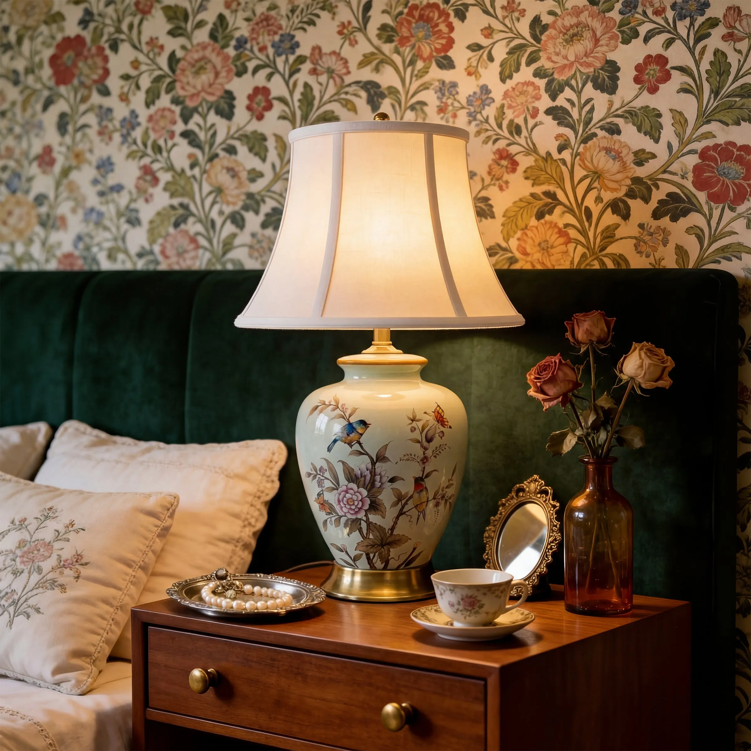 Bird & Floral Ceramic Table Lamp - Celadon Green, Fabric product