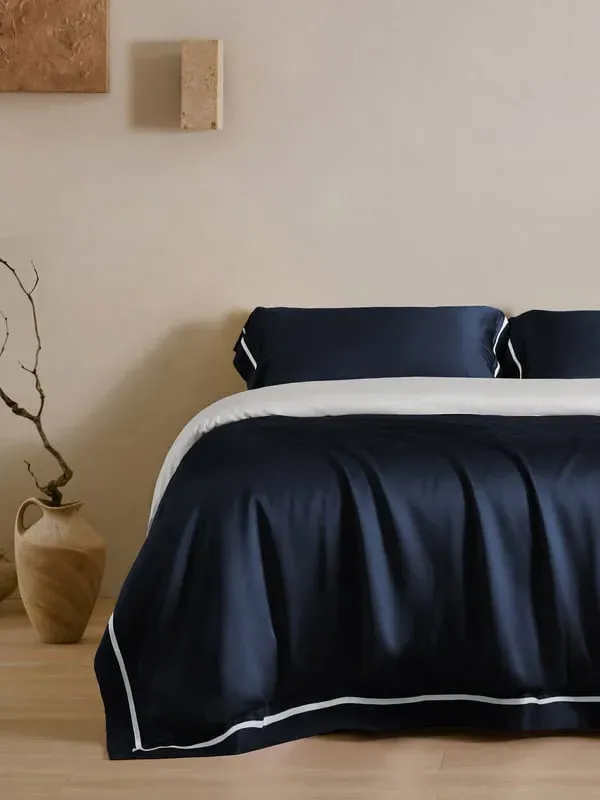 Essential Contrast-Trim King Size Silk Duvet Cover - Navy Blue alternate view