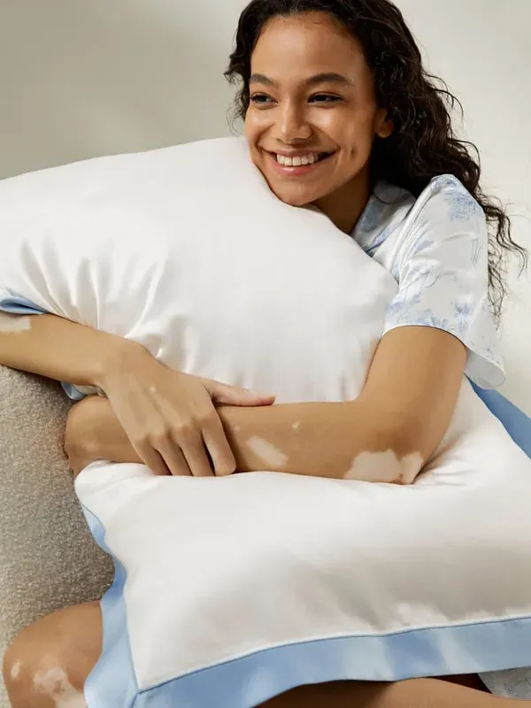 Silk Pillowcase with Blue Edge Detail - Natural White, Silk alternate view