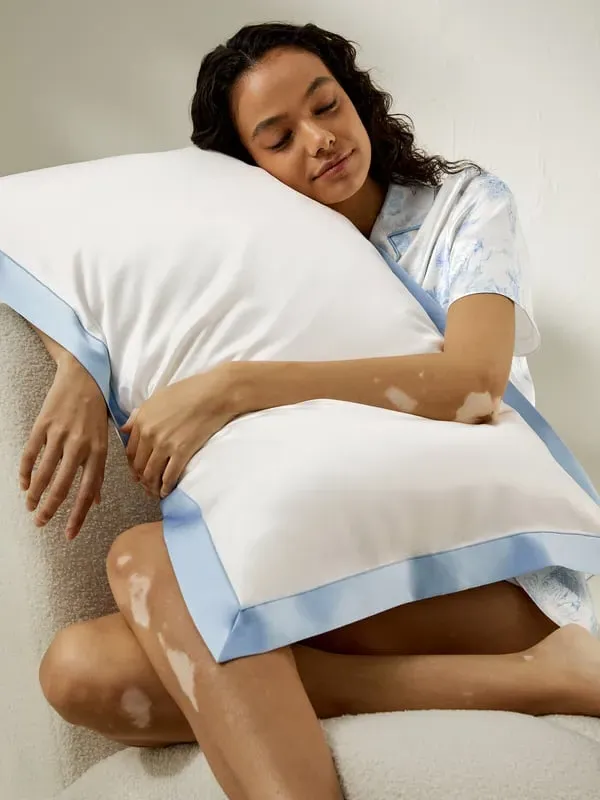 Silk Pillowcase with Blue Edge Detail - Natural White, Silk product