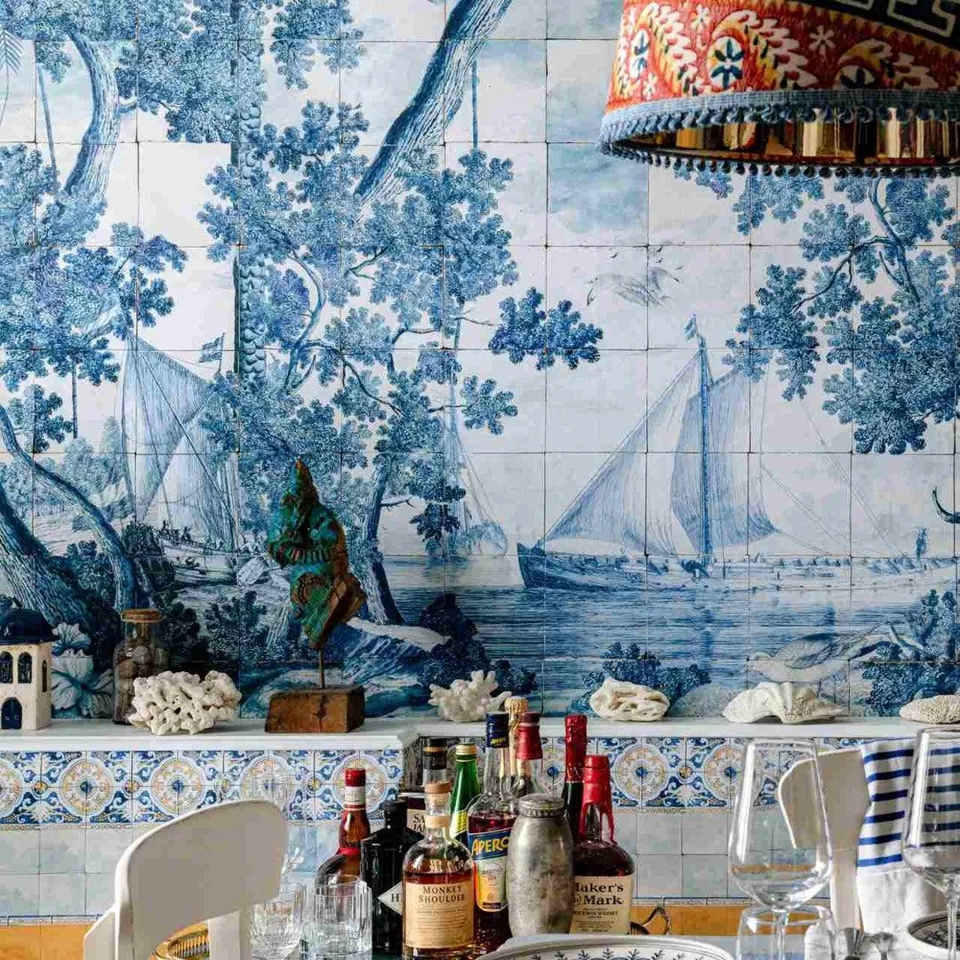 3-Roll Azure Mural Wallpaper - Blue