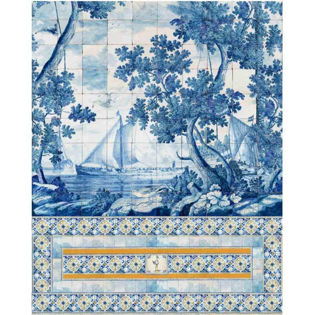 3-Roll Azure Mural Wallpaper - Blue