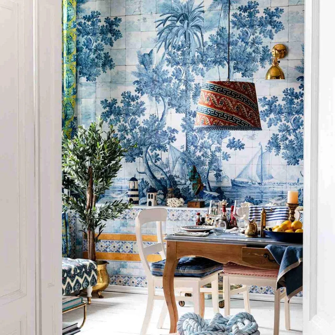 3-Roll Azure Mural Wallpaper - Blue image