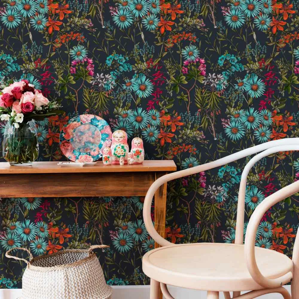 3-Roll Floral Wallpaper Set - Charcoal