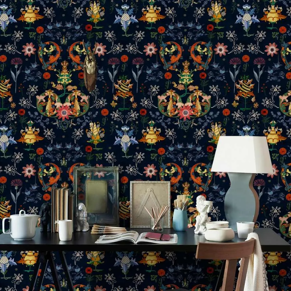 3-Roll Wallpaper Set - Blue, Folk Design