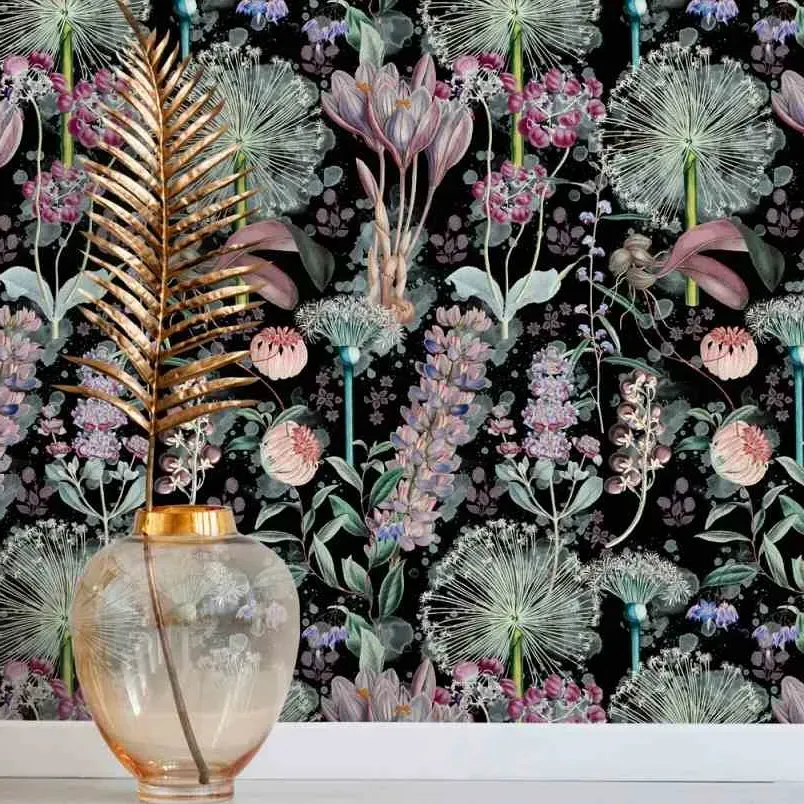 3-Roll Wallpaper Set Floral - Black Background