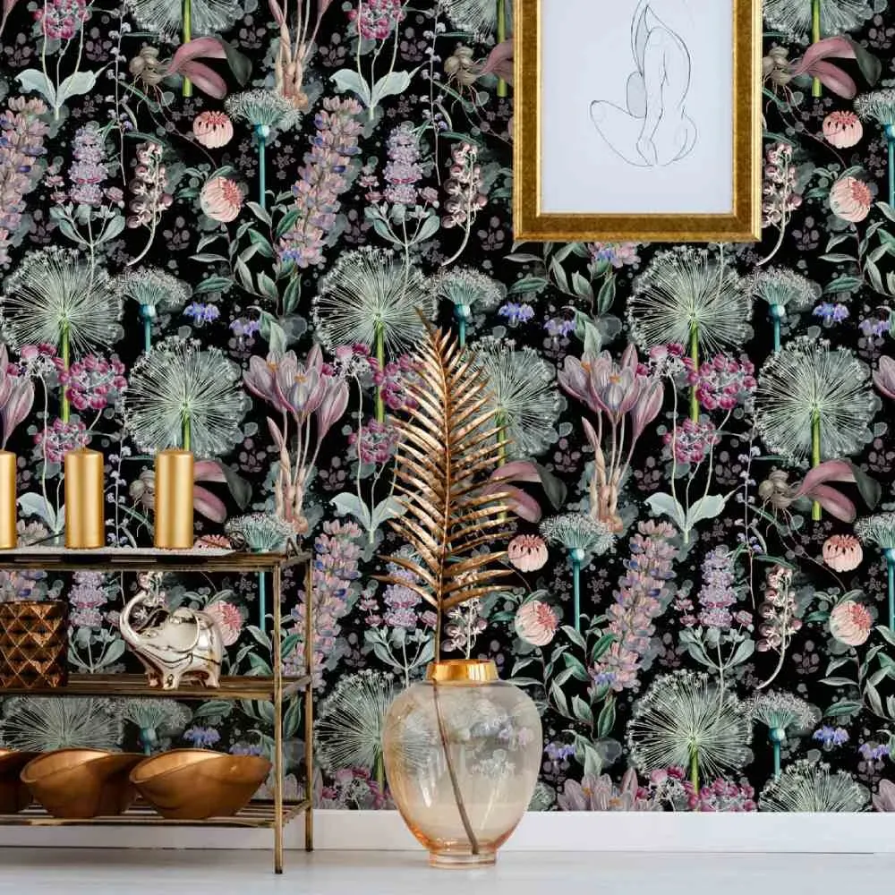 3-Roll Wallpaper Set Floral - Black Background image