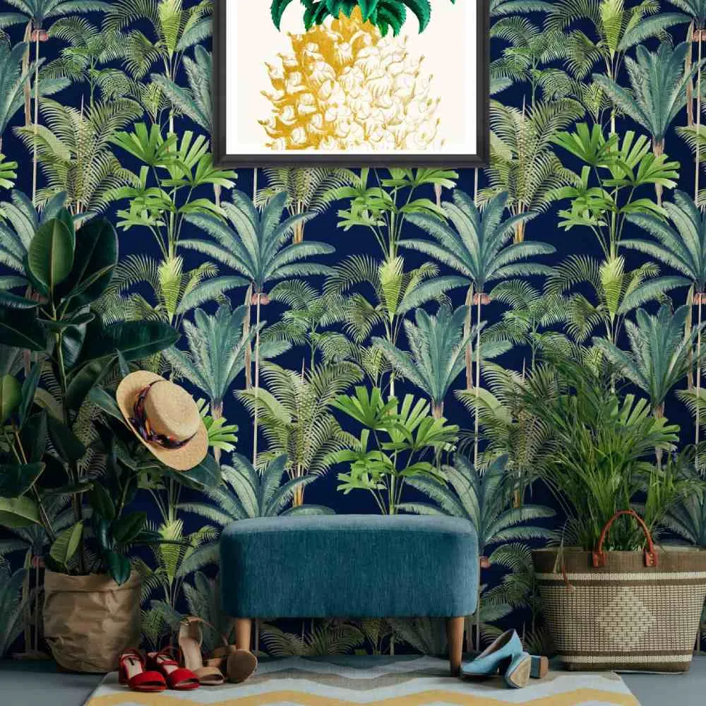 3-Roll Wallpaper Set Palm Design - Anthracite