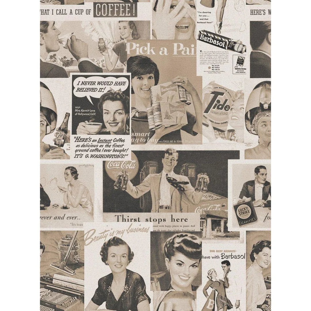 3-Roll Wallpaper Set Retro Ads - Sepia