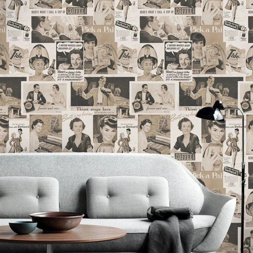 3-Roll Wallpaper Set Retro Ads - Sepia image