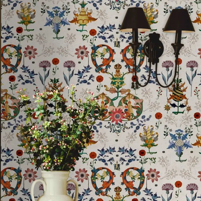 3-Roll Wallpaper Set - Taupe, Folk Design