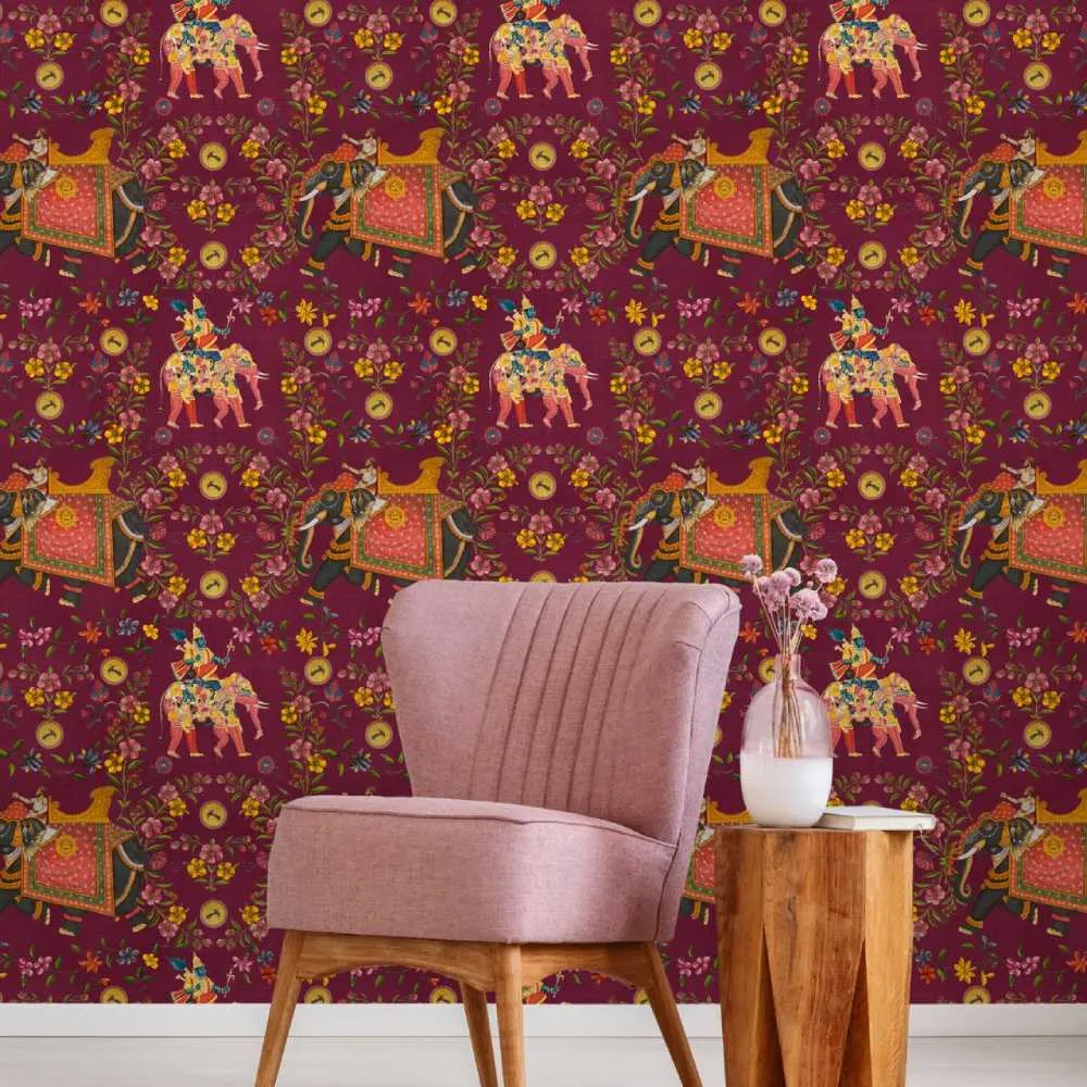 3-Roll Wallpaper Set with Elephant Design - Mauve
