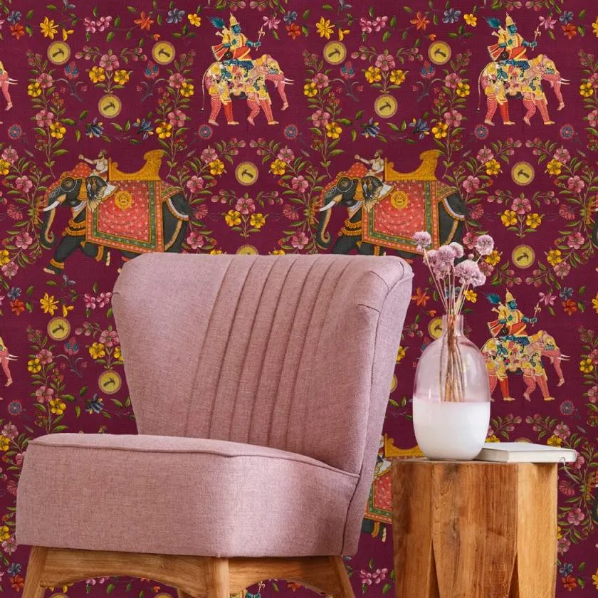 3-Roll Wallpaper Set with Elephant Design - Mauve