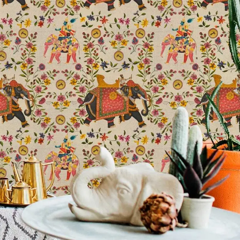 3-Roll Wallpaper Set with Elephant Design - Taupe