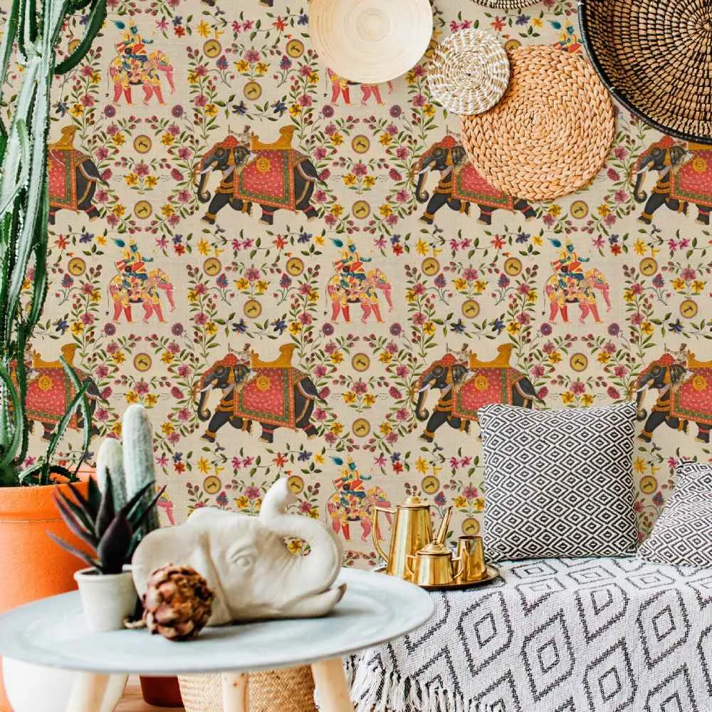 3-Roll Wallpaper Set with Elephant Design - Taupe
