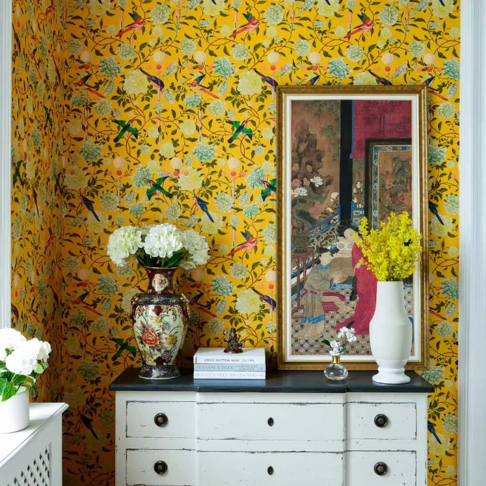 3-Roll Wallpaper Set with Oriental Design - Mustard