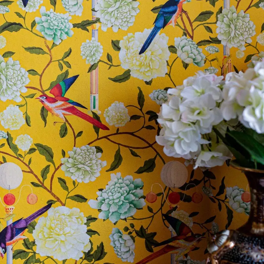 3-Roll Wallpaper Set with Oriental Design - Mustard