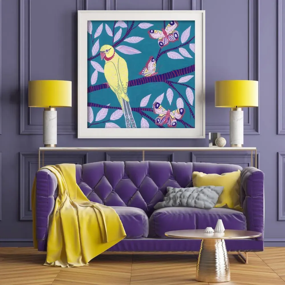40x40cm Wall Art Print - Parakeet & Butterflies image