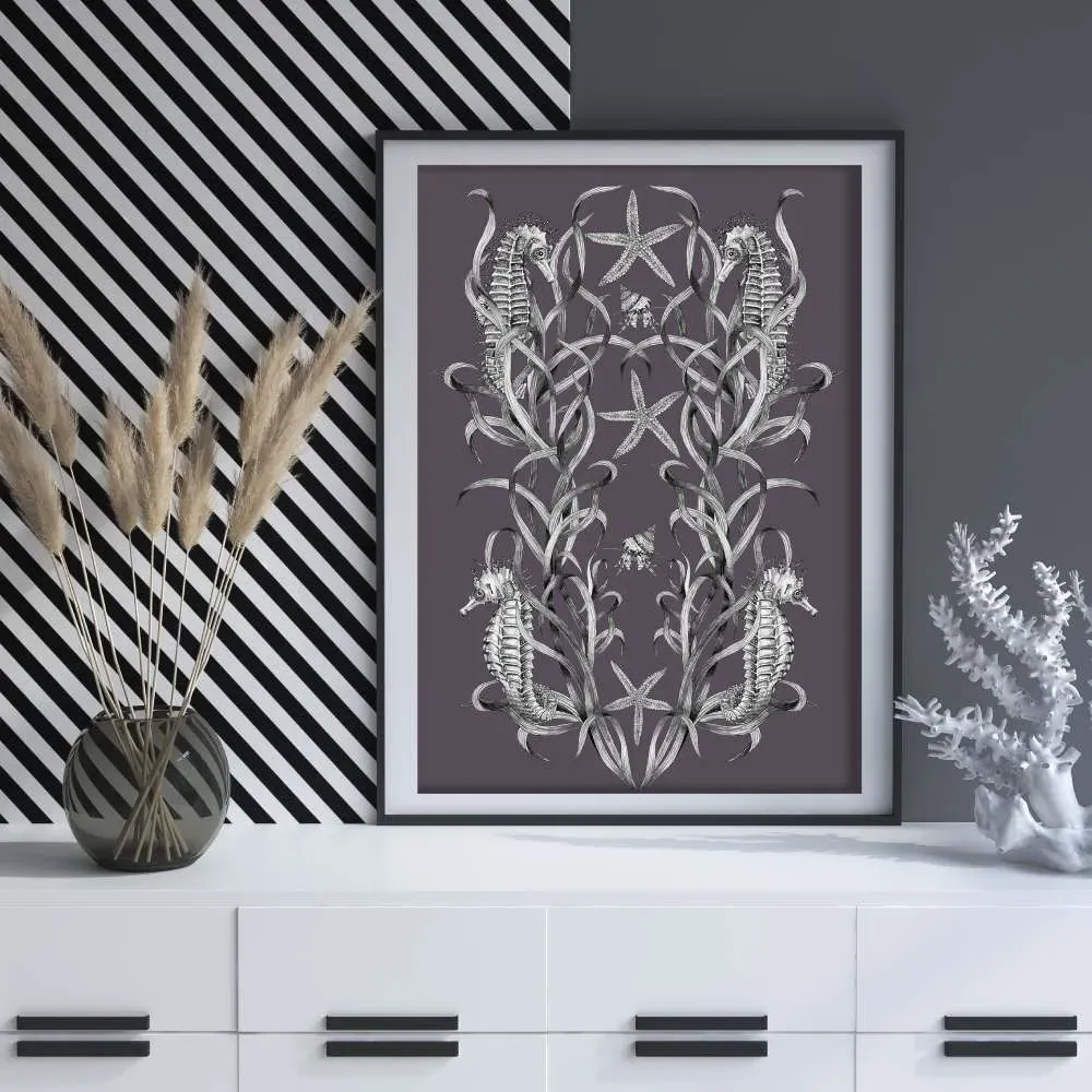 A3 Seahorse Wall Art Print - Pewter
