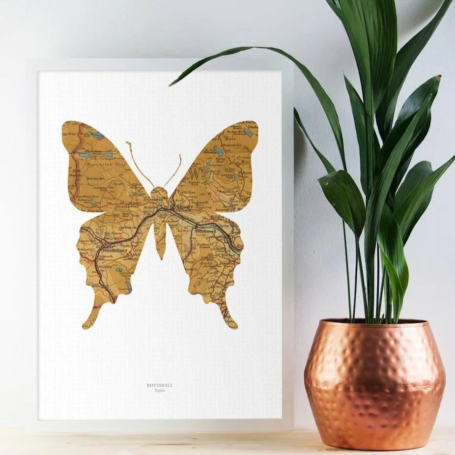 A4 Vintage Map Print - Butterfly Design, Paper